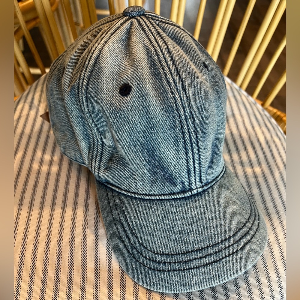 Denim baseball cap with brown leather adjustable strap
